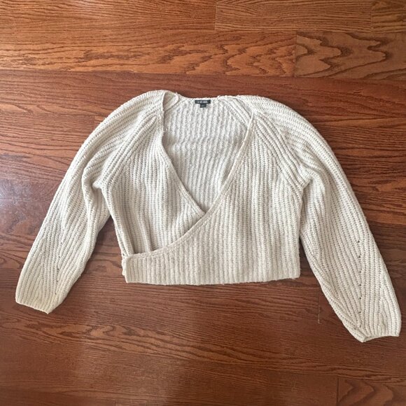 Wild Fable Wrap Sweater Pointelle Sleeves V Neck Ivory Size Small Chunky Knit - Picture 10 of 12